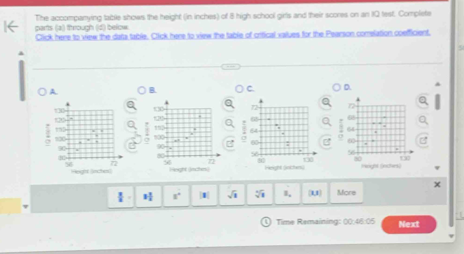 The accompanying table shows the height (in inches) of 8 high school girls and their scores on an 1Q test. Complete
I← parts (a) through (d) below.
Click here to view the data table. Click here to view the table of criffical values for the Pearson comelation coefficient.
A.
B.
C.
D.
72
120
12 . 6
:
64 “

0
0
56
58 72 56 72 8 130
Height (inches)) Height (jinches) (esight (jimchers)
 1/11  1 1/1  1° |1| sqrt(1) sqrt[3](1) I. (1,1) More
Time Remaining: 00:46:05 Next