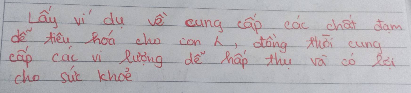 Lay vì du vè eung cāp eac chat dam 
do xiéu hóá cho con , dóng zhōi cung 
cāp cāi vi Ruing dè hāo thu vá có àòi 
cho sic khoe