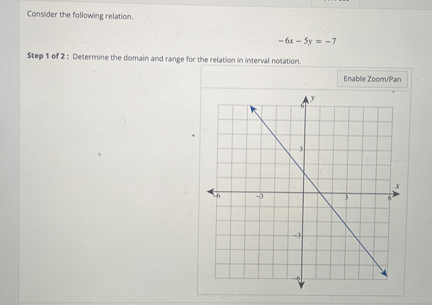 Consider the following relation.
-6x-5y=-7
Step 1 of 2 : Determine the domain and range for the relation in interval notation. 
Enable Zoom/Pan