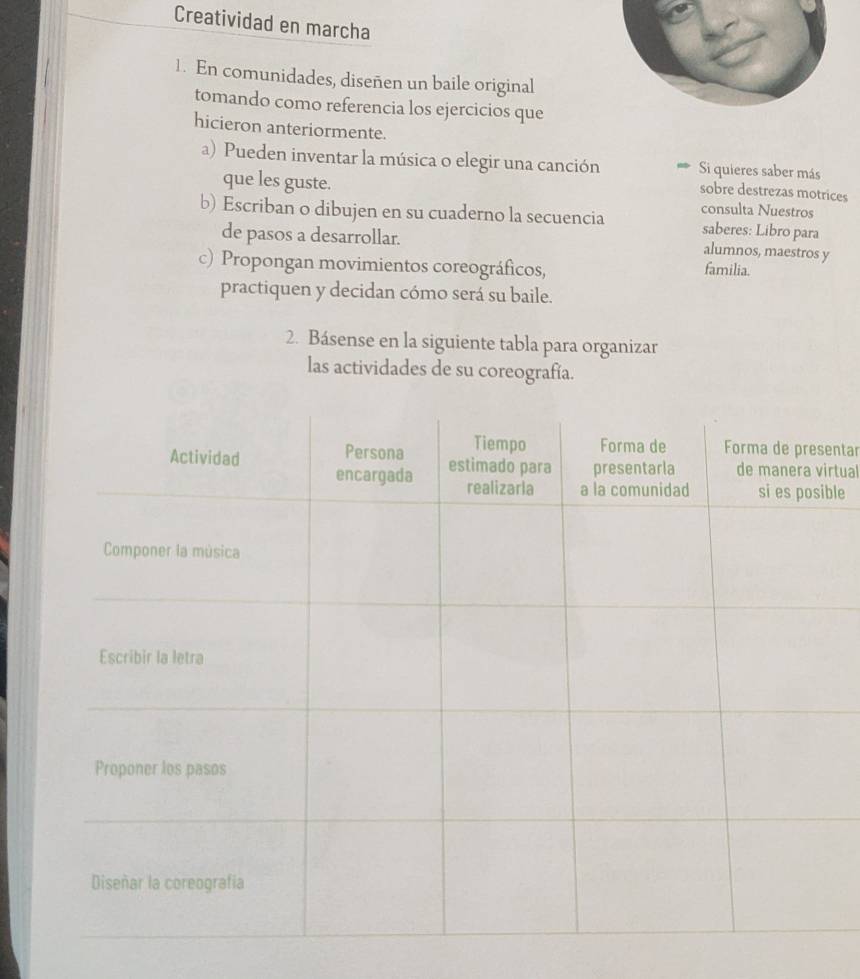 Creatividad en marcha 
1. En comunidades, diseñen un baile original 
tomando como referencia los ejercicios que 
hicieron anteriormente. 
a) Pueden inventar la música o elegir una canción Si quieres saber más 
que les guste. 
sobre destrezas motrices 
b) Escriban o dibujen en su cuaderno la secuencia consulta Nuestros saberes: Libro para 
de pasos a desarrollar. 
alumnos, maestros y 
c) Propongan movimientos coreográficos, familia. 
practiquen y decidan cómo será su baile. 
2. Básense en la siguiente tabla para organizar 
las actividades de su coreografía. 
entar 
rtual 
ble