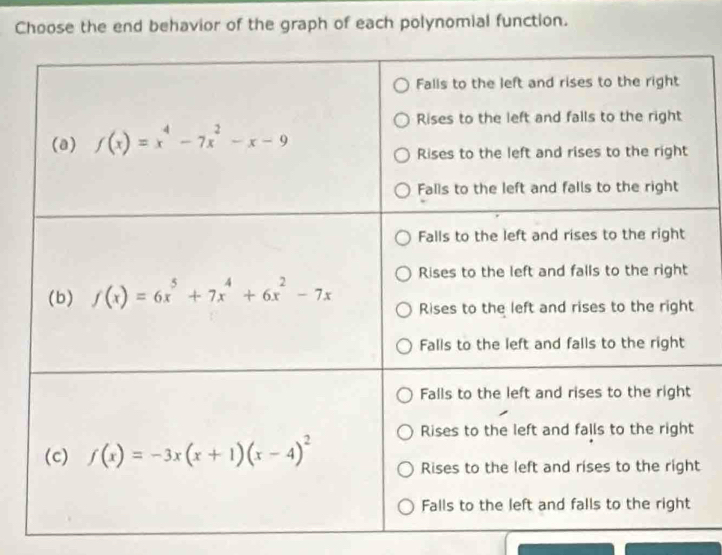 Choose the end behavior of the graph of each polynomial function.
t