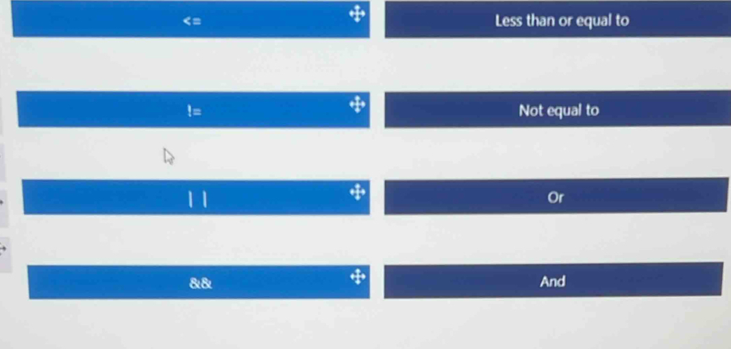 Less than or equal to
!= Not equal to
11
8 & And