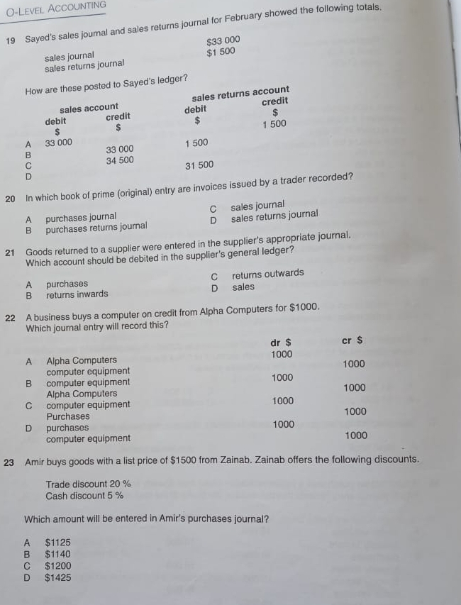 O-Level Accounting
19 Sayed's sales journal and sales returns journal for February showed the following totals.
$33 000
sales journal
$1 500
sales returns journal
How are these posted to Sayed's ledger?
sales account sales returns account
debit credit debit credit
$
$
$ $
A 33 000 1 500
B 33 000 1 500
C 34 500 31 500
D
20 In which book of prime (original) entry are invoices issued by a trader recorded?
A purchases journal C sales journal
B purchases returns journal D sales returns journal
21 Goods returned to a supplier were entered in the supplier's appropriate journal.
Which account should be debited in the supplier's general ledger?
A purchases C returns outwards
B returns inwards D sales
22 A business buys a computer on credit from Alpha Computers for $1000.
Which journal entry will record this?
dr $ cr $
A Alpha Computers 1000 1000
computer equipment
B computer equipment 1000 1000
Alpha Computers
C computer equipment 1000 1000
Purchases
D purchases 1000
computer equipment 1000
23 Amir buys goods with a list price of $1500 from Zainab. Zainab offers the following discounts.
Trade discount 20 %
Cash discount 5 %
Which amount will be entered in Amir's purchases journal?
A $1125
B $1140
C $1200
D $1425