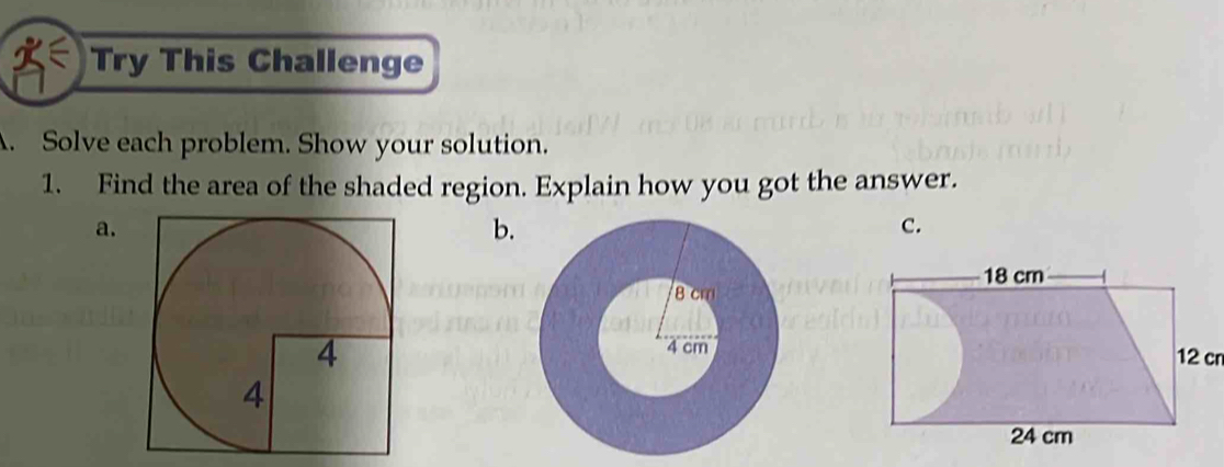 Try This Challenge 
A. Solve each problem. Show your solution. 
1. Find the area of the shaded region. Explain how you got the answer. 
a. 
b. 
c.
12 cn