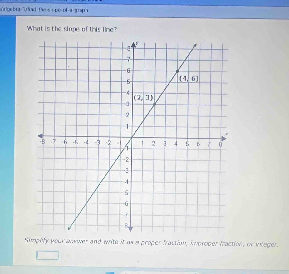 algebra-1/find-the-slope-of-a-graph
What is the slope of this line?
Simplify your answer and write it as a proper fraction, improper fraction, or integer.