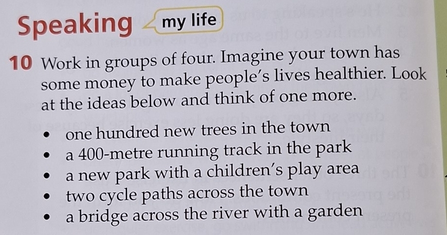 Speaking my life
10 Work in groups of four. Imagine your town has
some money to make people’s lives healthier. Look
at the ideas below and think of one more.
one hundred new trees in the town
a 400-metre running track in the park
a new park with a children’s play area
two cycle paths across the town
a bridge across the river with a garden