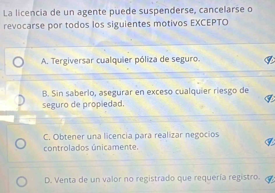 La licencia de un agente puede suspenderse, cancelarse o
revocarse por todos los siguientes motivos EXCEPTO
A. Tergiversar cualquier póliza de seguro.
B. Sin saberlo, asegurar en exceso cualquier riesgo de
seguro de propiedad.
C. Obtener una licencia para realizar negocios
controlados únicamente.
D. Venta de un valor no registrado que requería registro.