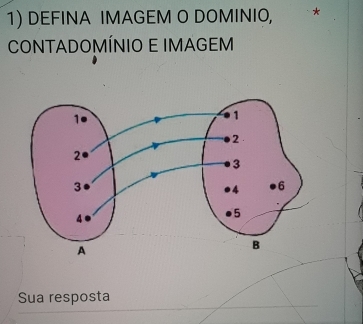 DEFINA IMAGEM O DOMINIO, ₹* 
CONTADOMÍNIO E IMAGEM 
Sua resposta