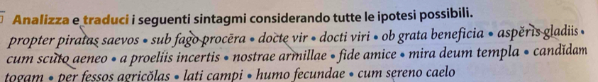 Analizza e traduci i seguenti sintagmi considerando tutte le ipotesi possibili. 
propter piratas saevos • sub fago procēra • docte vir • docti viri • ob grata beneficia • aspěris gladiis » 
cum scuto aeneo • a proeliis incertis • nostrae armillae • fide amice • mira deum templa • candǐdam 
togam • per fessos agricõlas • lati campi • humo fecundae • cum sereno caelo