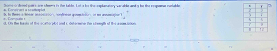 Some ordered pairs are shown in the table. Let x be the explanatory variable and y be the response variable. 
Constract a scatterplo 
b. Is there a linear association, nomlinear association, or no association? 
c. Campute r
d. On the basis of the scatterplot and r, determine the strength of the association