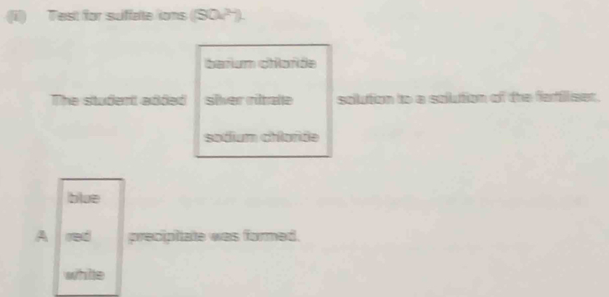 Test for suffateions 50.)^circ 
barum chlorée 
The student edded sier ritale soution to a soution of the faffliser. 
sodium chlorde 
blue 
A red precipitate was formed. 
while