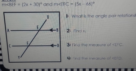 m∠ BEF=(2x+30)^circ  and m
:What is the angle pair relations 
2: Find x. 
3: Fird the measure of . 
4: Find the measure of .