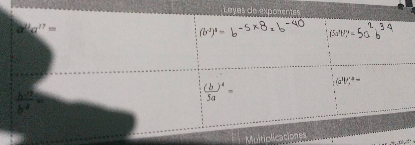 Leyes de exponentes
a^(11)a^(17)=
(b^(-5))^8=
(5a^2b^3)^4=
 (b^(-12))/b^(-4) =
frac (b)^-65a=
(a^3b^4)^-8=
Multiplicaciones
79.c2330c^(25))