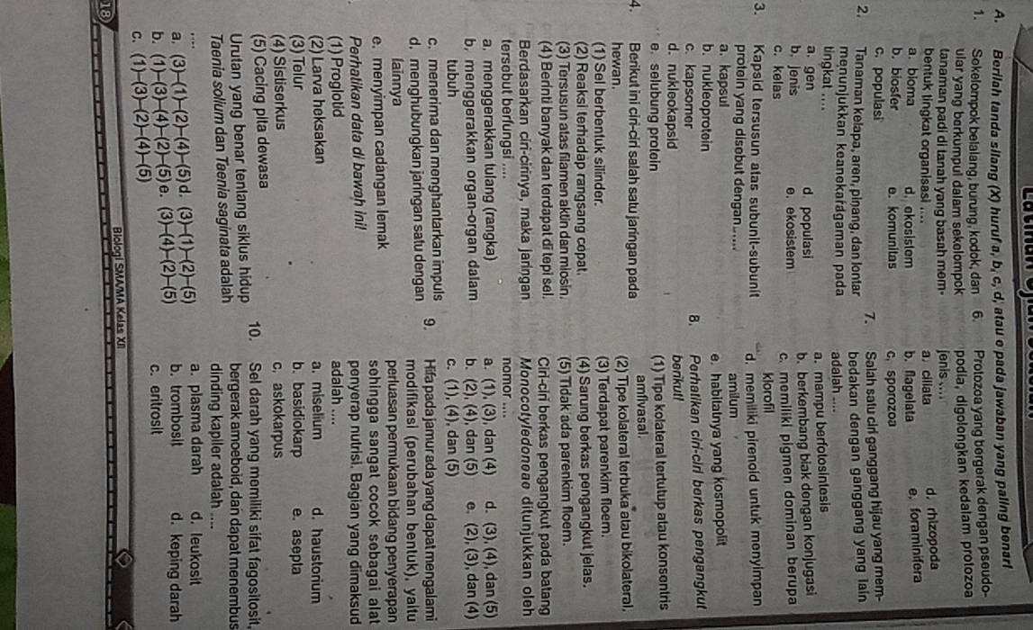 Berilah tanda silang (X) huruf a, b, c, d, atau o pada jawaban yang paling benarf
1. Sokelompok belalang, burung, kodok, dan 6. Protozoa yang bergerak dengan pseudo-
ular yang berkumpul dalam sekelompok podia, digolongkan kedalam protozoa
tanaman padi di tanah yang basah mem. jenis ....
bentuk tingkat organisasi .... a  cillata d. rhizopoda
a. bioma d. ekosistem b. fagelata e,foraminifera
b. biosfer e. komunitas
c. populasi c, sporozoa
7. Salah satu ciri ganggang hijau yang mem-
  
2. Tanaman kelapa, aren, pinang, dan lontar bedakan dengan ganggang yang lain
menunjukkan keanekaragaman pada adalah ....
tingkat ....
a. mampu berfolosintesis
a. gen d populasi b. berkembang biak dengan konjugasi
b. jenis e.ekosistem
c. kelas
c. memiliki pigmen dominan berupa
klorofil
3. Kapsid tersusun atas subunit-subunit d. memiliki pirenoid untuk menyimpan
protein yang disobut dengan.....
a. kapsul amilum
e. habitatnya yang kosmopolit
b. nukleoprotein
c. kapsomer Perhatikan ciri-ciri berkas pengangkut
8.
d. nukleokapsid berikutl
e。 selubung protein (1) Tipe kolateral tertutup atau konsentris
amfivasal.
4.     Berikut ini ciri-ciri salah satu jaringan pada (2) Tipe kolateral terbuka atau bikolateral.
hewan.
(1) Sel berbentuk silinder. (3) Terdapat parenkim floem.
(2) Reaksi terhadap rangsang copat. (4) Sarung berkas pengangkut jelas.
(3) Tersusun atas filamen aktin dan miosin. (5) Tidak ada parenkim floem.
(4) Berinti banyak dan terdapat di tepi sel. Ciri-ciri berkas pengangkut pada batang
Berdasarkan ciri-cirinya, maka jaringan Monocotyledoneae ditunjukkan oleh
tersebut berfungsi .... namor ....
a. menggerakkan lulang (rangka) a. (1), (3), dan (4) d. (3), (4), dan (5)
b. menggerakkan organ-organ dalam b. (2), (4), dan (5) e. (2), (3), dan (4)
tubuh c. (1), (4), dan (5)
c. menerima dan menghantarkan impuls Hifa pada jamur ada yang dapat mengalami
d. menghubungkan jaringan satu dengan 9. modifikasi (perubahan bentuk), yaitu
lainnya perluasan permukaan bidang penyerapan
e. menyimpan cadangan lemak sehingga sangat cocok sebagai alat 
Perhatikan data di bawah ini! penyerap nutrisi. Bagian yang dimaksud
(1) Proglotid adalah ....
(2) Larva heksakan a. miselium d. haustorium
(3) Telur b.basidiokarp e. asepla
(4) Sistiserkus c. askokarpus
(5) Cacing pita dewasa
Urutan yang benar tentang siklus hidup 10. Sel darah yang memiliki sifat fagositosit,
bergerak amoeboid, dan dapat menembus
Taenia solium dan Taenia saginata adalah dinding kapiler adalah ....
a. plasma darah d. leukosit
a. (3)-(1)-(2)-(4)-(5) d. (3)-(1)-(2)-(5) b. trombosit d. keping darah
b. (1)-(3)-(4)-(2)-(5) e. (3)-(4)-(2)-(5) c. eritrosit
C、 (1)-(3)-(2)-(4)-(5)
Biologi SMAMA Kelas XII
18