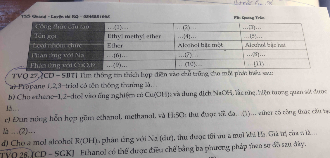 ThS Quang - Luyện thi KQ - 0546251995 FB: Quang Trần 
TVQ 27. [CD - SBT] Tìm thông tin thích hợp điền vào chỗ trống cho mỗi phát biểu sau: 
a) Propane 1, 2, 3 -triol có tên thông thường là... 
b) Cho ethane−1, 2 -diol vào ống nghiệm có Cu(OH) 2 và dung dịch NaOH, lắc nhẹ, hiện tượng quan sát được 
là... 
c) Đun nóng hỗn hợp gồm ethanol, methanol, và H₂SO₄ thu được tối đa...(1)... ether có công thức cấu tạo 
là …(2)… 
d) Cho a mol alcohol R(OH) * phản ứ ng với Na (dư), thu được tối ưu a mol khí H₂. Giá trị của n là. 
TVO 28. ICD - SC _3K Ethanol có thể được điều chế bằng ba phương pháp theo sơ đồ sau đây: