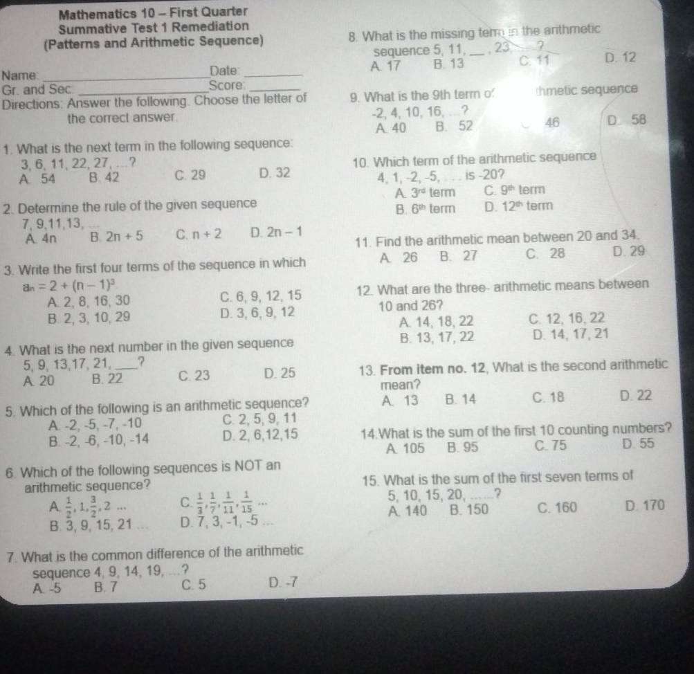 Solved: Mathematics 10 - First Quarter Summative Test 1 Remediation ...
