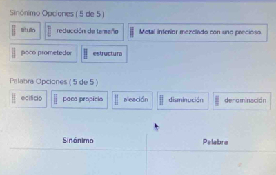 Sinônimo Opciones ( 5 de 5) 
título reducción de tamaño Metal inferior mezclado con uno precioso. 
poco prometedor estructura 
Palabra Opciones ( 5 de 5 ) 
|| edificio |frac  poco propicio || aleación || disminución denominación 
Sinónimo Palabra