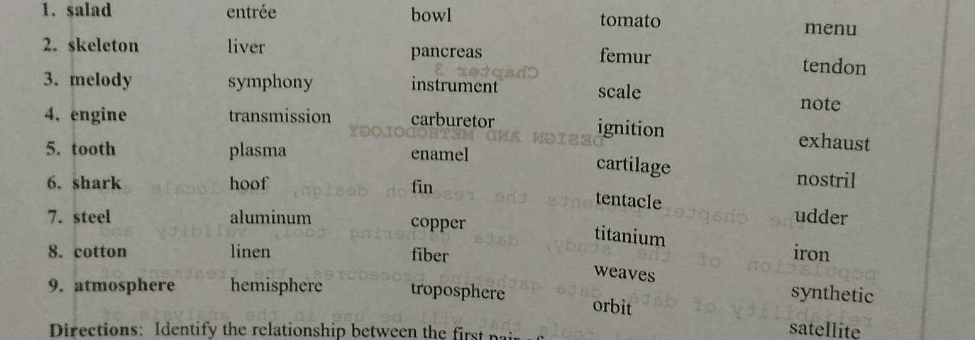 salad entrée bowl tomato
menu
pancreas
2. skeleton liver femur tendon
3. melody symphony instrument
scale
note
4. engine transmission carburetor ignition exhaust
5. tooth plasma enamel cartilage
6. shark hoof fin
nostril
tentacle
7. steel aluminum copper
udder
titanium
8. cotton linen fiber iron
weaves
9. atmosphere hemisphere troposphere
synthetic
orbit
Directions: Identify the relationship between the first pai
satellite