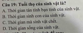 Tuổi thọ của sinh vật là?
A. Thời gian tán tỉnh bạn tỉnh của sinh vật.
B. Thời gian sinh con của sinh vật.
C. Thời gian mà sinh vật chết.
D. Thời gian sống của sinh vật.