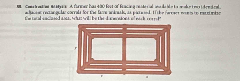 Construction Anslysis A farmer has 400 feet of fencing material available to make two identical, 
adjacent rectangular corrals for the farm animals, as pictured. If the farmer wants to maximize 
the total enclosed area, what will be the dimensions of each corral?