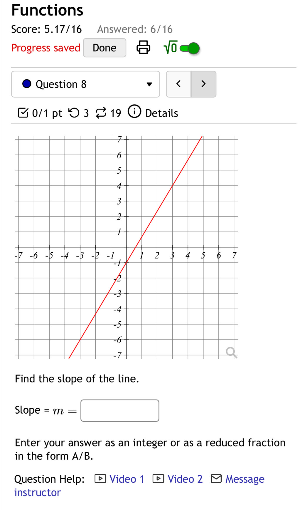 Functions 
Score: 5.17/16 Answered: 6/16 
Progress saved Done 
sqrt(0) 
Question 8 < > 
0/1 pt つ 3 % 19 ⓘ Details 
Find the slope of the line. 
Slope =m=□
Enter your answer as an integer or as a reduced fraction 
in the form A/B. 
Question Help: Video 1 D Video 2 Message 
instructor