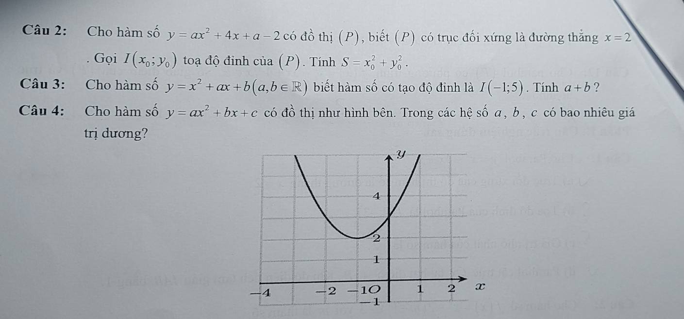 Cho hàm số y=ax^2+4x+a-2 có đồ thị (P), biết (P) có trục đối xứng là đường thẳng x=2
Gọi I(x_0;y_0) toạ độ đỉnh của (P). Tính S=x_0^(2+y_0^2. 
Câu 3: Cho hàm số y=x^2)+ax+b(a,b∈ R) biết hàm số có tạo độ đỉnh là I(-1;5). Tính a+b ? 
Câu 4: Cho hàm số y=ax^2+bx+c có đồ thị như hình bên. Trong các hệ số a, b , c có bao nhiêu giá 
trị dương?