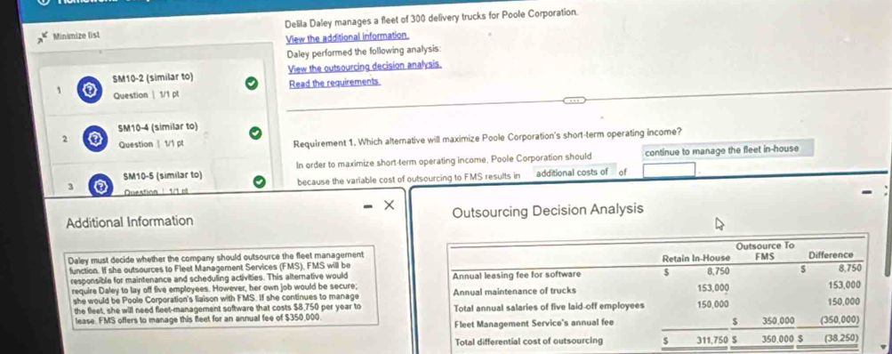 Delila Daley manages a fleet of 300 delivery trucks for Poole Corporation.
Minimize list
View the additional information.
Daley performed the following analysis:
SM10-2 (similar to) View the outsourcing decision analysis.
1 Question | 1/1 pt Read the requirements.
SM10-4 (similar to)
2 Question | 1/1 pt
Requirement 1. Which alternative will maximize Poole Corporation's short-term operating income?
SM10-5 (similar to) of continue to manage the fleet in-house
In order to maximize short-term operating income, Poole Corporation should
because the variable cost of outsourcing to FMS results in additional costs of
3 Question | 1/1 nt
Additional Information Outsourcing Decision Analysis
Daley must decide whether the company should outsource the fleet management
function. If she outsources to Fleet Management Services (FMS), FMS will be
responsible for maintenance and scheduling activities. This alternative would 
require Daley to lay off five employees. However, her own job would be secure; 
she would be Poole Corporation's liaison with FMS. If she continues to manage
the fleet, she will need fleet-management software that costs $8,750 per year to 
lease. FMS offers to manage this fleet for an annual fee of $350,000.