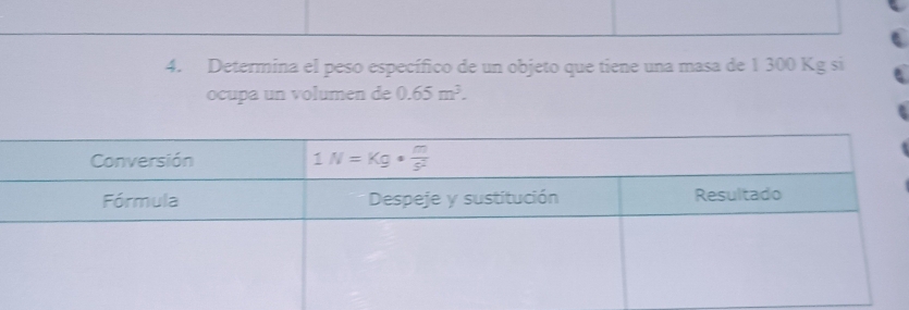 Determina el peso específico de un objeto que tiene una masa de 1 300 Kg si
ocupa un volumen de 0.65m^3.