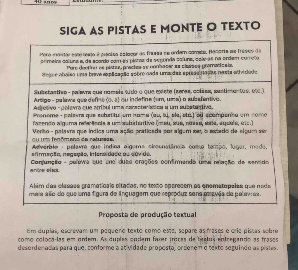 anos
_
SIGA AS PISTAS E MONTE O TEXTO
Proposta de produção textual
Em duplas, escrevam um pequeno texto como este, separe as frases e crie pistas sobre
como colocá-las em ordem. As duplas podem fazer trocas de textos entregando as frases
desordenadas para que, conforme a atividade proposta) ordenem o texto seguindo as pistas.