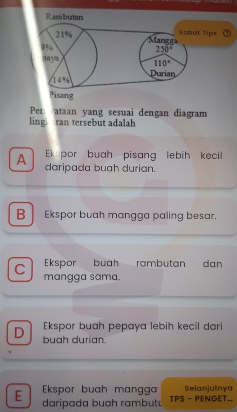 am butan
Tips
Per vataan yang sesuai dengan diagram
ling aran tersebut adalah
Ekspor buah pisang lebih kecil
A daripada buah durian.
B Ekspor buah mangga paling besar.
C Ekspor buah rambutan dan
mangga sama.
Ekspor buah pepaya lebih kecil dari
D buah durian.
Ekspor buah mangga Selanjutnya
E daripada buah rambutá TPS - PENGET...