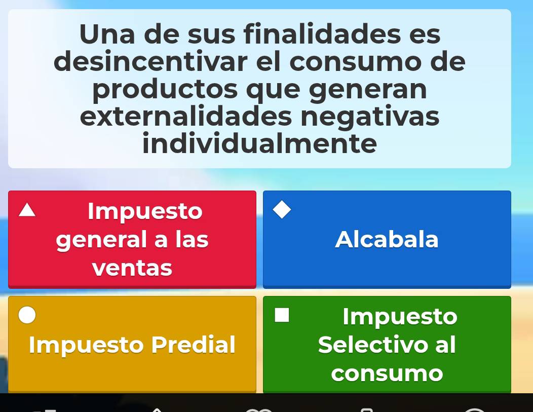 Una de sus finalidades es
desincentivar el consumo de
productos que generan
externalidades negativas
individualmente
Impuesto
general a las Alcabala
ventas
Impuesto
Impuesto Predial Selectivo al
consumo