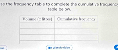 se the frequency table to complete the cumulative frequenc 
table below. 
ous ■ Watch video