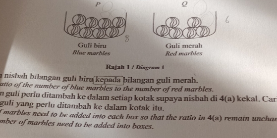 Guli biru Guli merah 
Blue marbles Red marbles 
Rajah 1 / Diagram 1 
n nisbah bilangan guli biru kepada bilangan guli merah. 
atio of the number of blue marbles to the number of red marbles. 
n guli perlu ditambah ke dalam setiap kotak supaya nisbah di 4 (a) kekal. Car 
guli yang perlu ditambah ke dalam kotak itu. 
f marbles need to be added into each box so that the ratio in 4 (a) remain unchar 
mber of marbles need to be added into boxes.