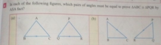 In each of the following figures, which pairs of angles must be equal to prove △ ABC≌ △ PQR by 
ASA fact? 
(a)(b)