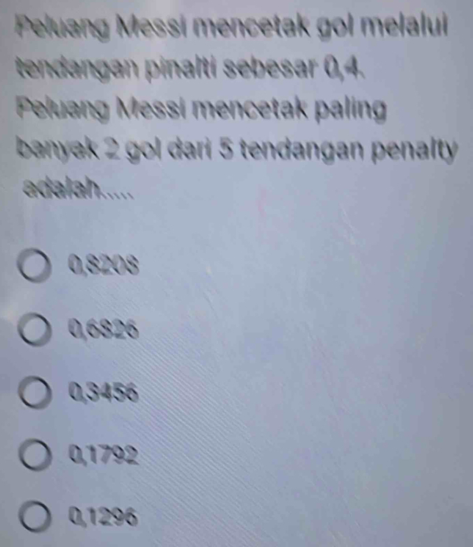 Peluang Messi mencetak gol melalui
tendangan pinalti sebesar 0,4.
Peluang Messi mencetak paling
banyak 2 gol dari 5 tendangan penalty
adalah.....
0,8208
0,6826
0,3456
0,1792
0,1296