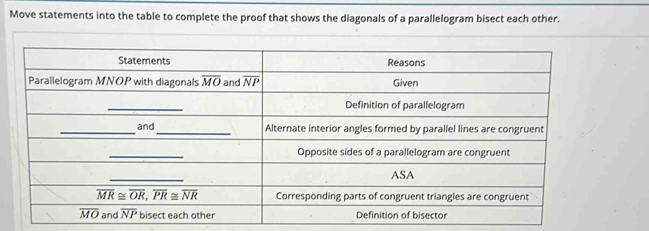 Move statements into the table to complete the proof that shows the diagonals of a parallelogram bisect each other.