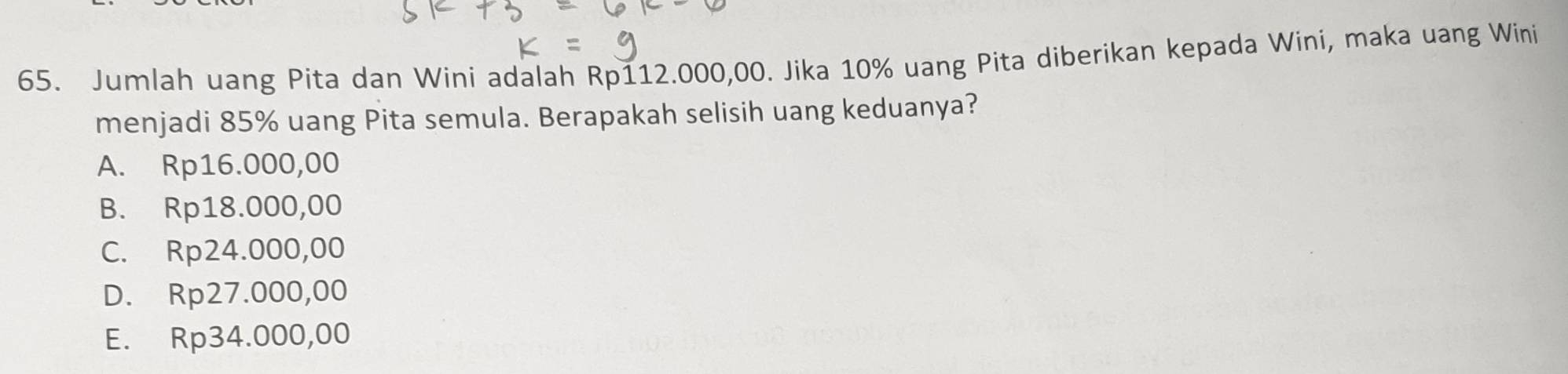 Jumlah uang Pita dan Wini adalah Rp112.000,00. Jika 10% uang Pita diberikan kepada Wini, maka uang Wini
menjadi 85% uang Pita semula. Berapakah selisih uang keduanya?
A. Rp16.000,00
B. Rp18.000,00
C. Rp24.000,00
D. Rp27.000,00
E. Rp34.000,00