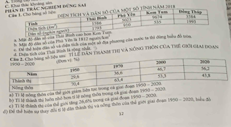 A. Trong cay
C. Khai thác khoáng sản.
pHHiệM đứnG SAi
 
h năm 2018
Ar
 
x0
a. Mật độ dân số của T
b. Mật độ dân số của Phú Yên là 1812 nguroi/km^2
c. De^(frac 2)3the^(frac 2)3 hiện dân số và diện tích của một số địa phương của nước ta thi dùng 
d. Diện tích của Thái Bình là rộng nhất.
Tỉ LÊ DÂN THANH THỊ VA NÔNG THÔN CỦA THÊ GIỚI GIAI ĐOAN
a) Tỉ lệ nông thôn củ
b) Tỉ lệ thành thị luôn nhỏ hơn tỉ lệ nông thôn tro
c) Tỉ lệ thành thị của thể giới tăng 26,6% trong cả giai đoạn 1950- 2020.
d) Để thể hiện sự thay đổi tỉ lệ dân thành thị và nông thôn của thế giới giai đoạn 1950-2020 , biểu đồ
12