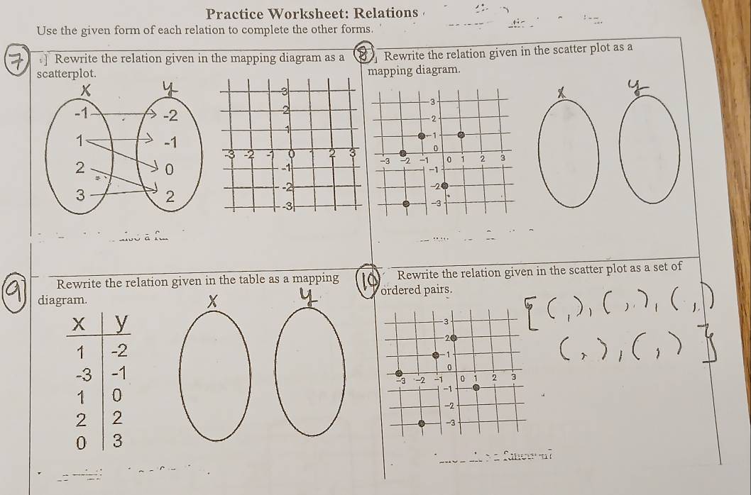 Practice Worksheet: Relations 
Use the given form of each relation to complete the other forms. 
Rewrite the relation given in the mapping diagram as a Rewrite the relation given in the scatter plot as a 
scatterplot.mapping diagram. 
Rewrite the relation given in the table as a mapping Rewrite the relation given in the scatter plot as a set of 
diagram.ordered pairs.
 (,),(,),(,)

` Snce