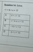 Solve.
-1<9+x<17</tex>