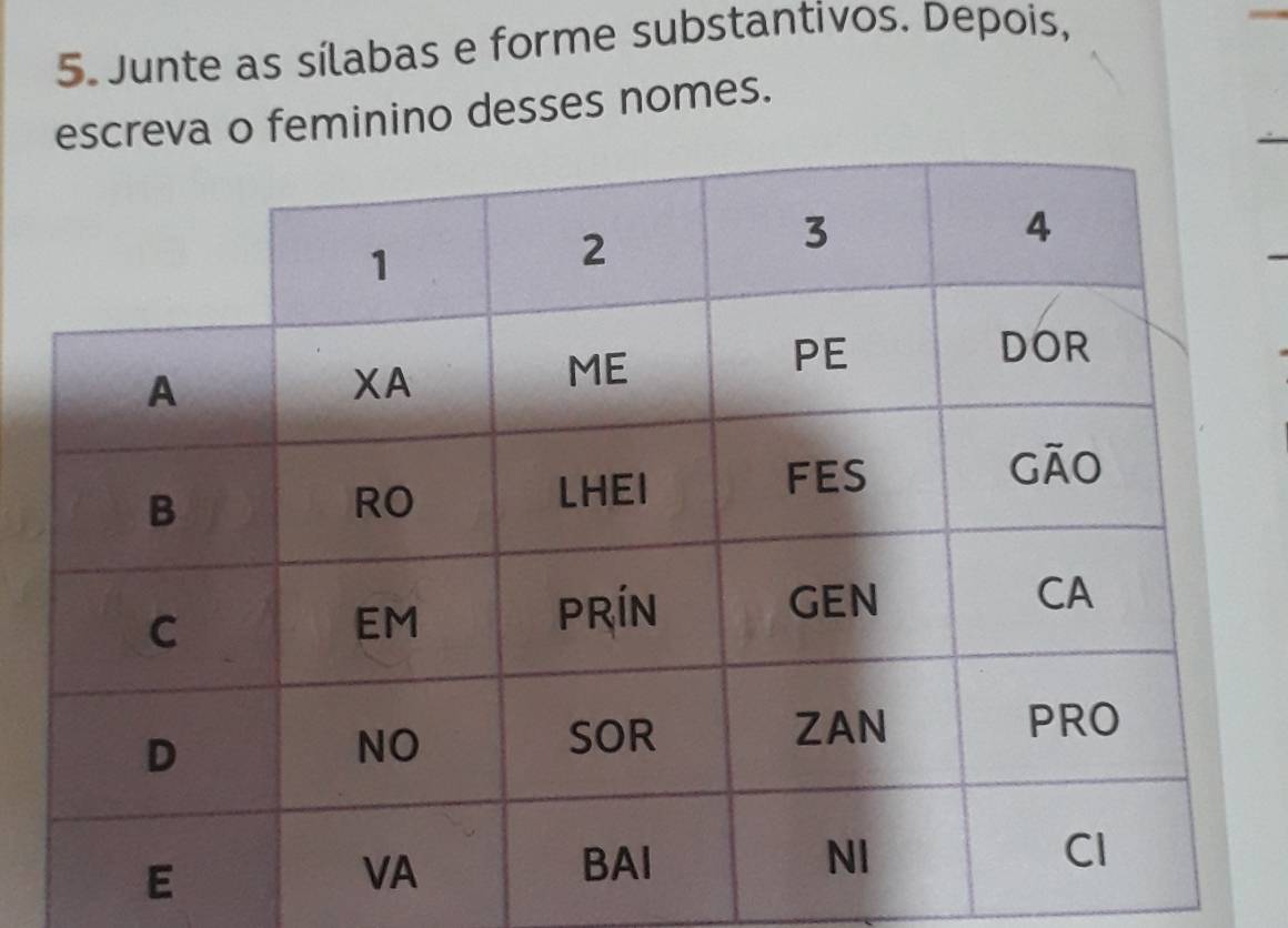 Junte as sílabas e forme substantivos. Depois, 
eva o feminino desses nomes.