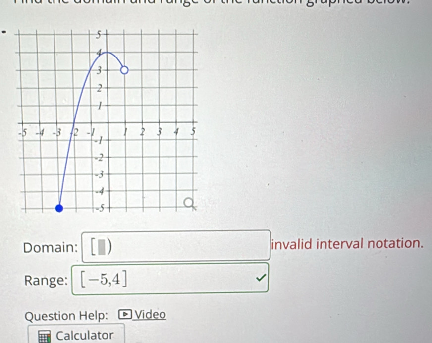 Domain: I invalid interval notation. 
Range: [-5,4]
Question Help: ▷ Video 
Calculator