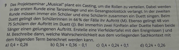 Das Projektseminar „Musical” plant ein Casting, um die Rollen zu verteilen. Dabei werden
in der ersten Runde eine Tanzeinlage und ein Gesangssolostück verlangt. In der zweiten
Runde müssen immer ein Schüler und eine Schülerin zusammen ein Duett singen. Beim
Duett gelingt den Schülerinnen in 66% der Fälle ihr Auftritt (M). Ebenso gelingt 48 von
75 Schülern der Auftritt im Duett (J). Bei immerhin zwei Fünfteln aller Duette haben beide
Sänger einen gelungenen Auftritt. Erstelle eine Vierfeldertafel mit den Ereignissen J und
M. Beschreibe dann, welche Wahrscheinlichkeit aus dem vorliegenden Sachkontext mit
dem folgenden Term berechnet werden kann.
a) 0,4+0,26 b) 0,34+0,36-0,1 c) 0,4+0,24+0,1 d) 0,24+0,26