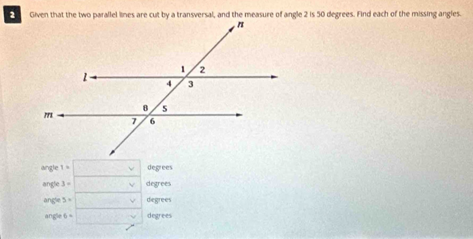 angle T= degrees
angle 3= _ 1)+_ 1*  degrees
angle 5= sqrt()^circ  degrees
angle 6= sqrt (100)^2 degrees