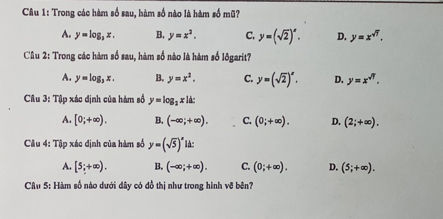 Trong các hàm số sau, hàm số nào là hàm số mũ?
A. y=log _3x. B. y=x^2. C. y=(sqrt(2))^x. D. y=x^(sqrt(7)). 
Câu 2: Trong các hàm số sau, hàm số nào là hàm số l8garit?
A. y=log _3x. B. y=x^2. C. y=(sqrt(2))^x, D. y=x^(sqrt(7)). 
Câu 3: Tập xác định của hàm số y=log _2x là:
A. [0;+∈fty ). B. (-∈fty ;+∈fty ). C. (0;+∈fty ). D. (2;+∈fty ). 
Câu 4: Tập xác định của hàm số y=(sqrt(5))^x là:
A. [5;+∈fty ). B. (-∈fty ;+∈fty ). C. (0;+∈fty ). D. (5;+∈fty ). 
Câu 5: Hàm số nào dưới dây có đồ thị như trong hình vẽ bên?