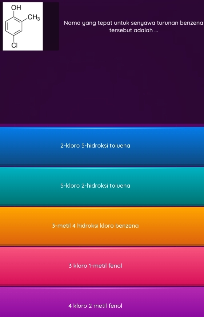 Nama yang tepat untuk senyawa turunan benzena
tersebut adalah ...
2-kloro 5-hidroksi toluena
5-kloro 2-hidroksi toluena
3-metil 4 hidroksi kloro benzena
3 kloro 1-metil fenol
4 kloro 2 metil fenol