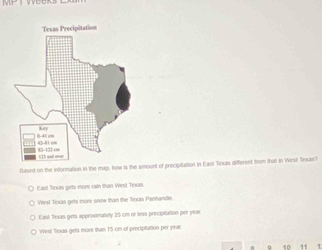 Based on the information in the map, how is the amount of precipitation in East Texas different from that in West Texas?
East Texas gets more rain than West Texas
West Texas gets more snow than the Texas Panhandle
East Texas gets approximately 25 cm or less precipitation per year.
West Texas gets more than 75 cm of precipitation per year.
10 11 1