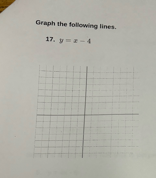 Graph the following lines. 
17. y=x-4