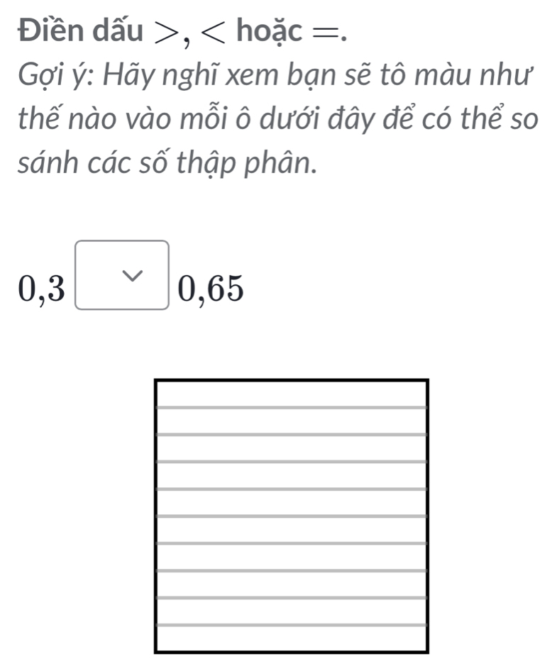 Điền dấu , hoặc =.
Gợi ý : Hãy nghĩ xem bạn sẽ tô màu như
thế nào vào mỗi ô dưới đây để có thể so
sánh các số thập phân.
0, 3 0, 65