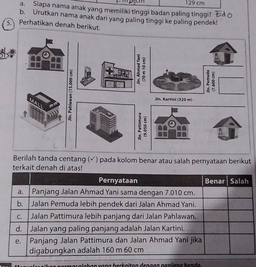 129 cm
a. Siapa nama anak yang memiliki tinggi badan paling tinggi? 
b. Urutkan nama anak dari yang paling tinggi ke paling pendek! 
5. Perhatikan denah berikut. 
s 
Berilah tanda centang (✓) pada kolom benar atau salah pernyataan berikut 
terkait denah di atas! 
vạng herkaitan dengạn paniang benda.